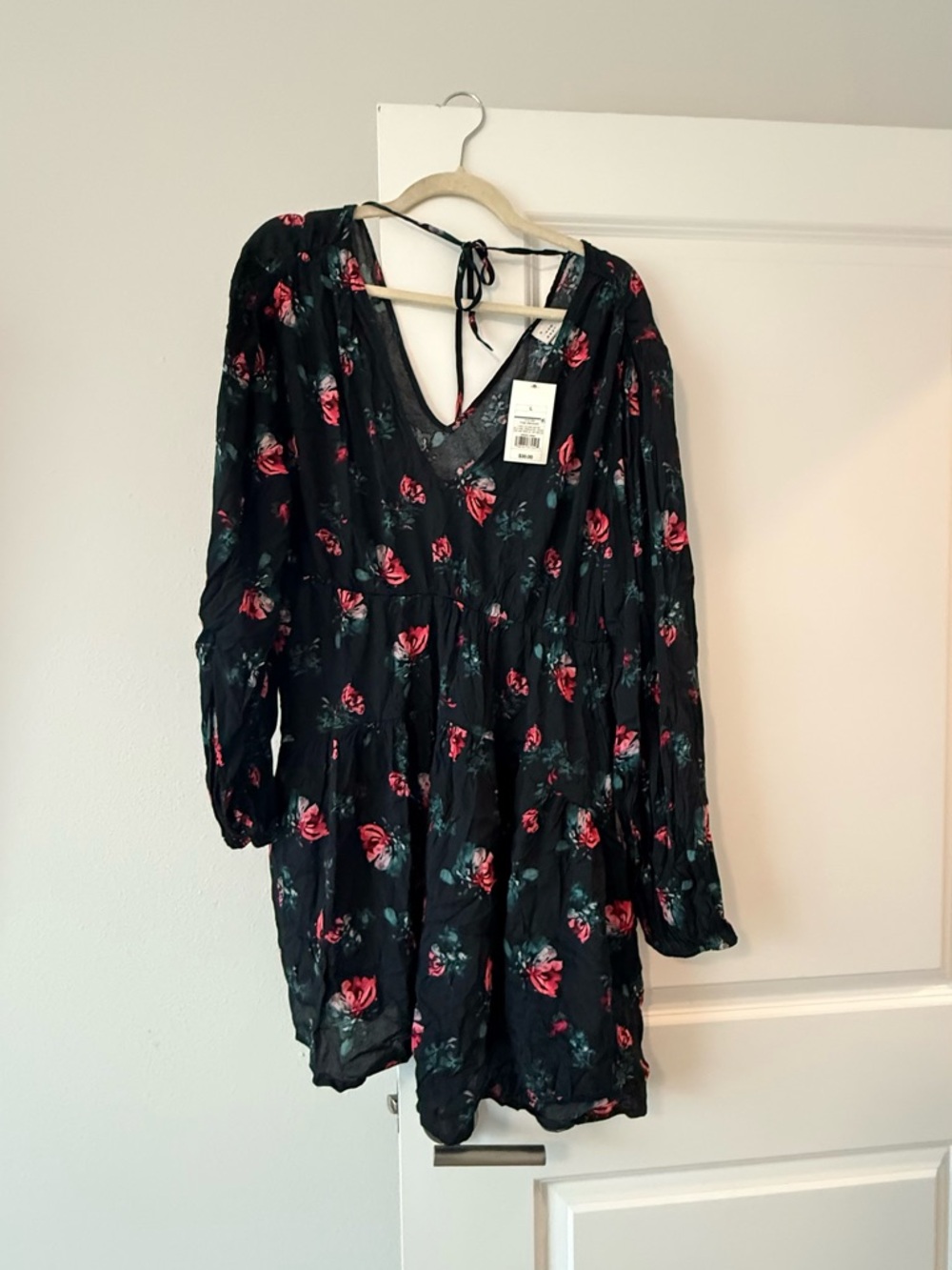 a new day Black Floral Wrap Dress with Pink Roses